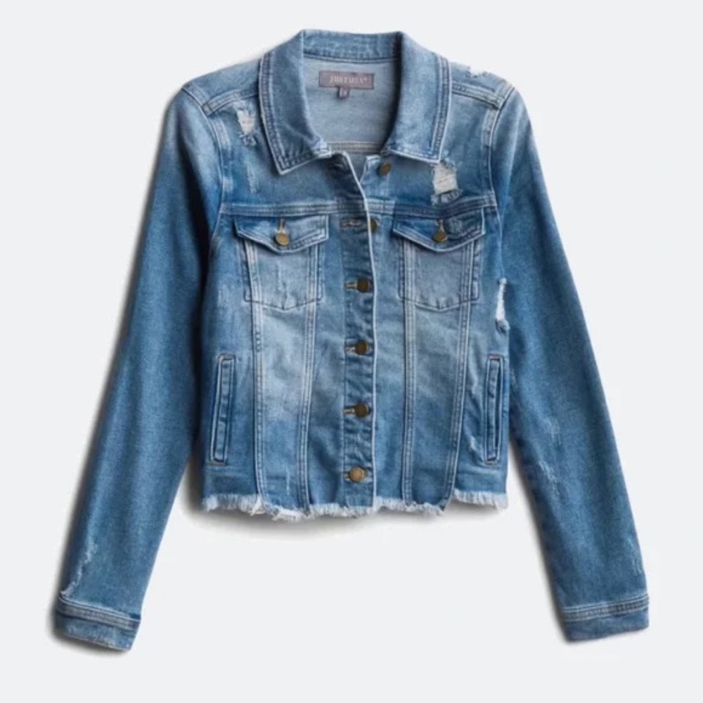 NWOT. Justice USA Jean Jacket. Distressed. Raw edge. Size M